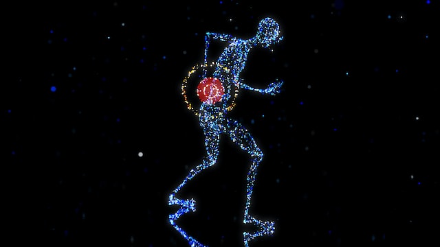 Model prześwietlenia człowieka z czerwonym punktem w okolicach brzucha